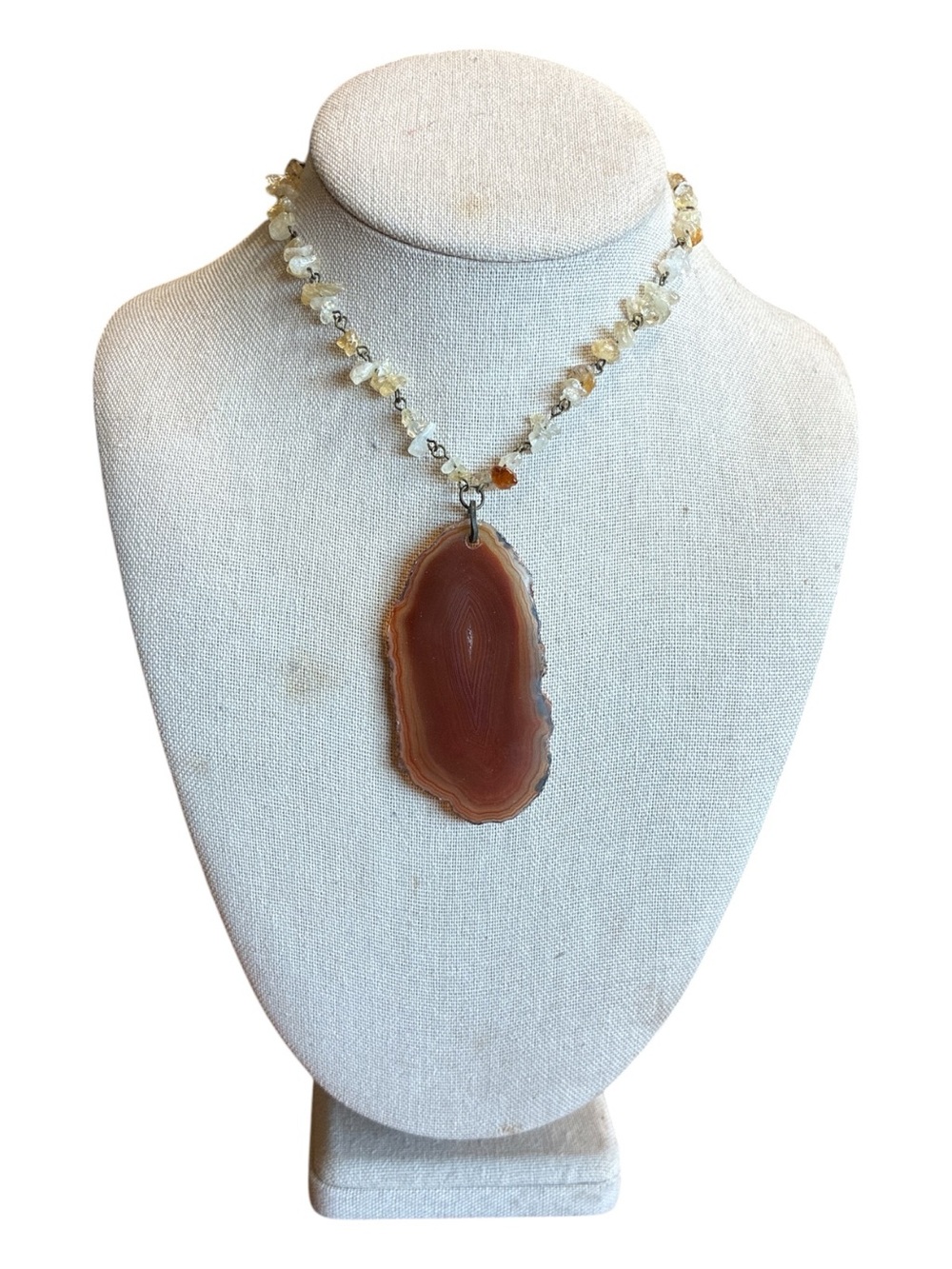 Robert Rose Natural Brown Agate Pendant Necklace with Citrine Bead Chain